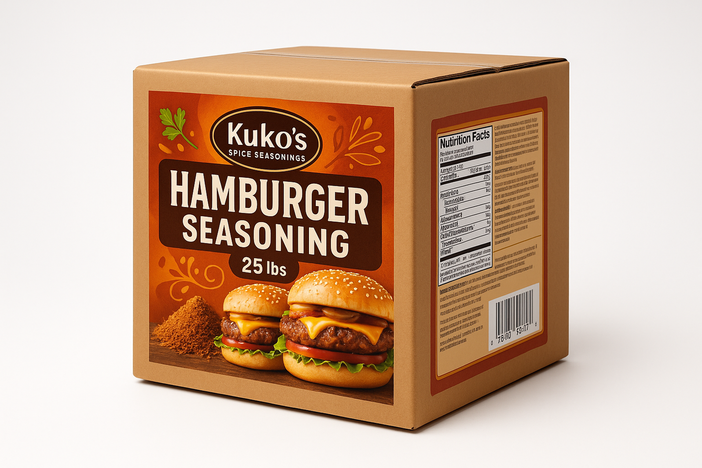 Hamburguesa sazonador caja 25lbs 9x9x9 con information 'Kuko's Spice Seasonings blend'